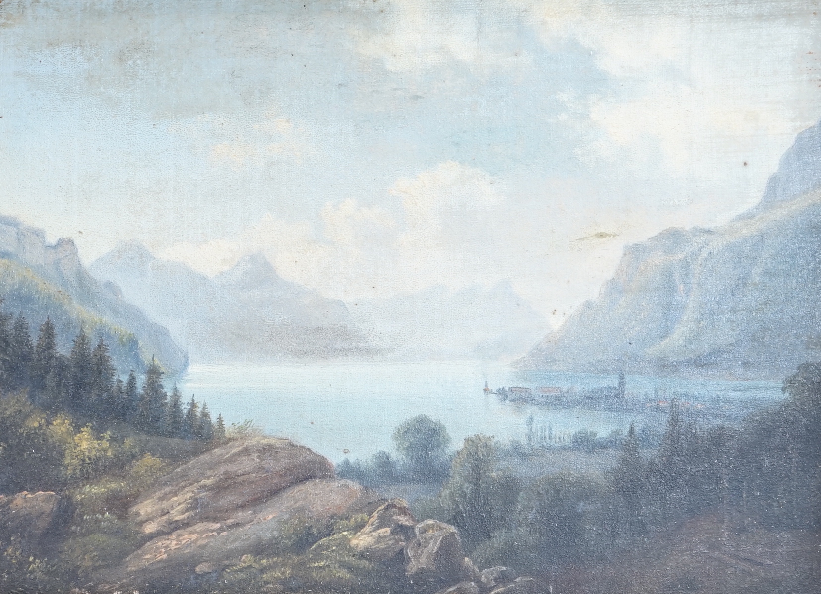 Attributed to Nils Hans Christiansen (Danish, 1850-1922), oil on canvas, Extensive view of a town on a fjord, 19 x 25cm, label verso